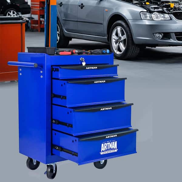 13" W 4 Drawer Rolling Metal Blue and Black Tool Carts with Ball Bearing Drawer Slides and Steel Tool Storage Organizer