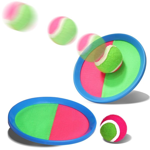 Toss and Catch Ball Game Set - Self Stick Catching Paddles & Fuzzy Balls (Pack of 4)