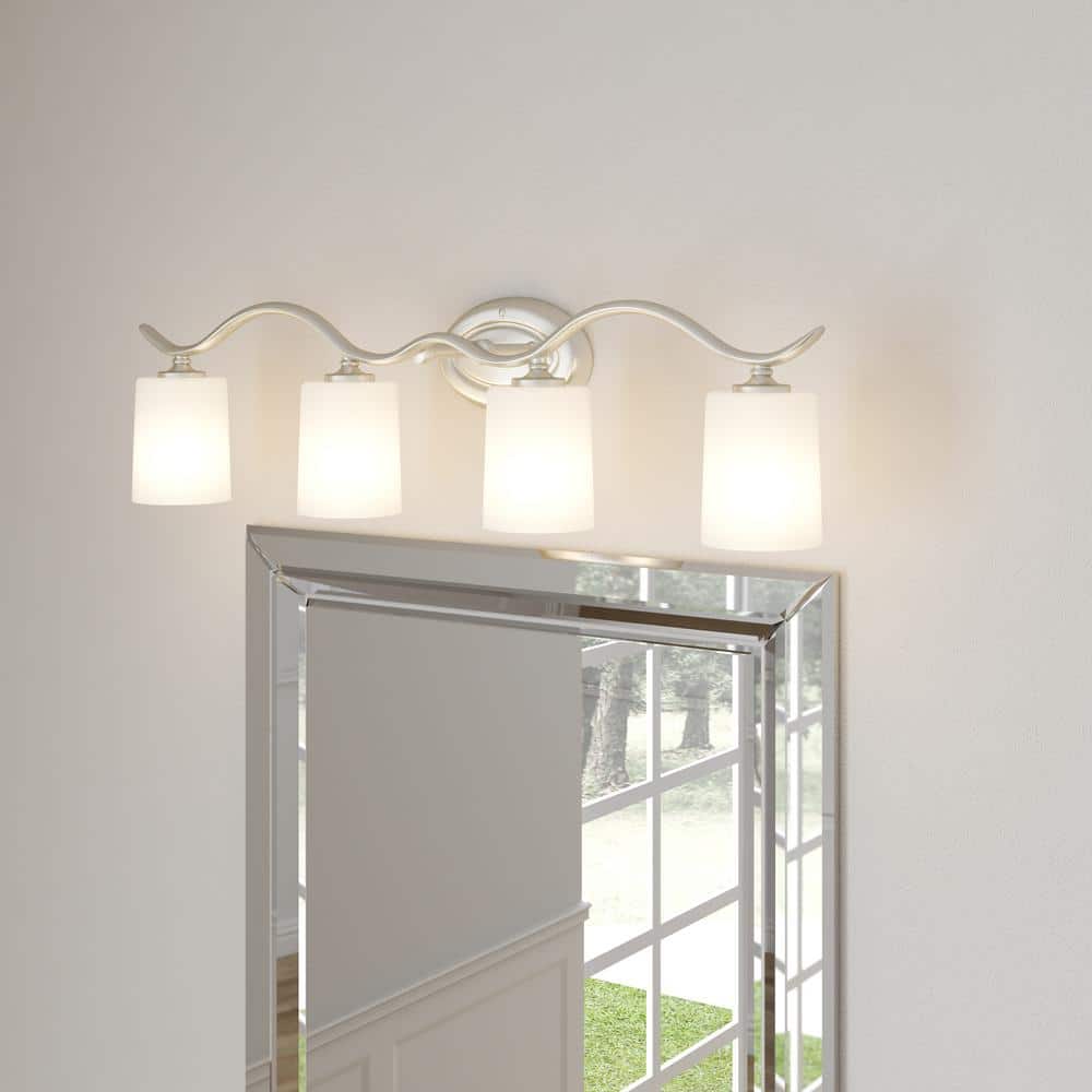 Brushed Nickel 4-Light Bathroom Vanity Fixture with Etched Glass Shades