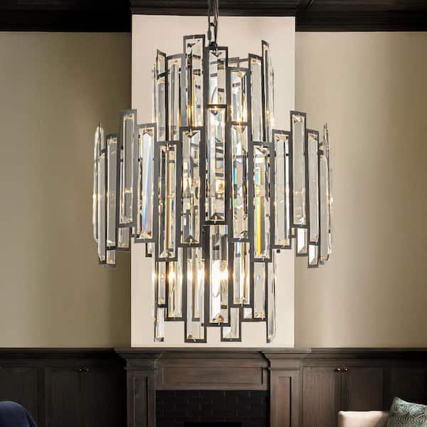 Modern 10 Lights 18 in. Matte Black Crystal Chandelier Luxury Tiered Crystal Panel Chandelier for Dining Room