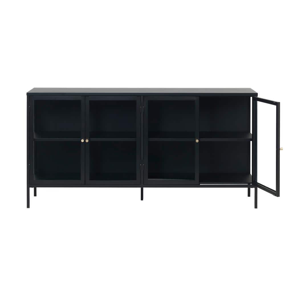 67" Black Metal and Glass 4-Door Sideboard