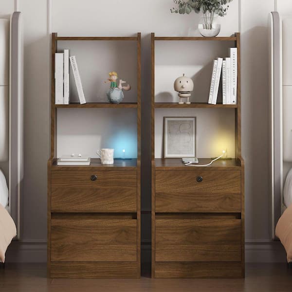2-Piece Brown 2-Drawer Wood Nightstands with Charging Station Smart Bedside Table with USB, Bookshelf, Storage Cabinet