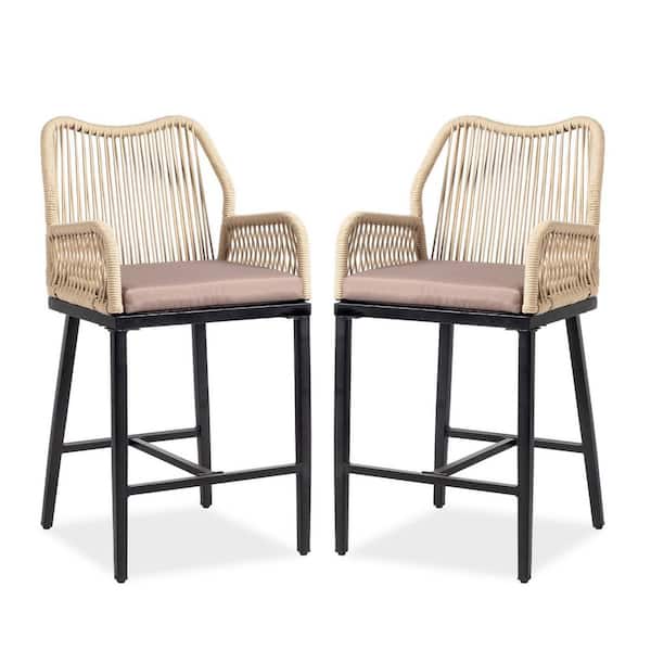 Aluminum Outdoor Bar Stool with Gray Cushion, Rattan Patio Bar Height Chairs