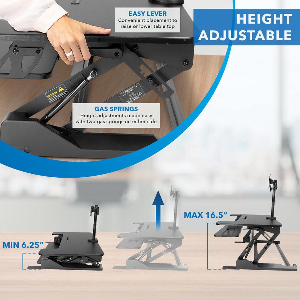 Black Adjustable Standing Desk Converter with Dual Monitor Mount