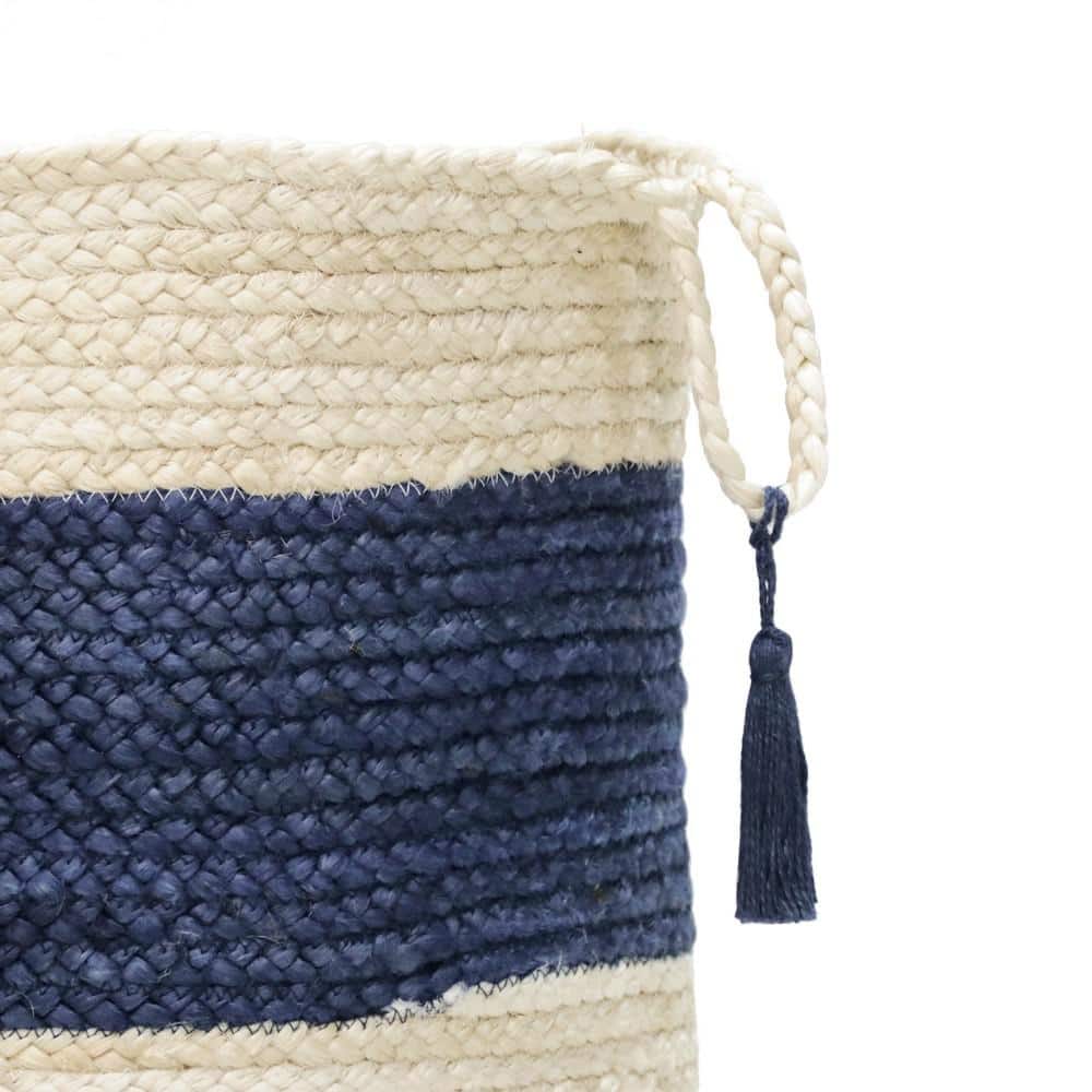 17" Round Blue and White Jute Storage Basket with Handles
