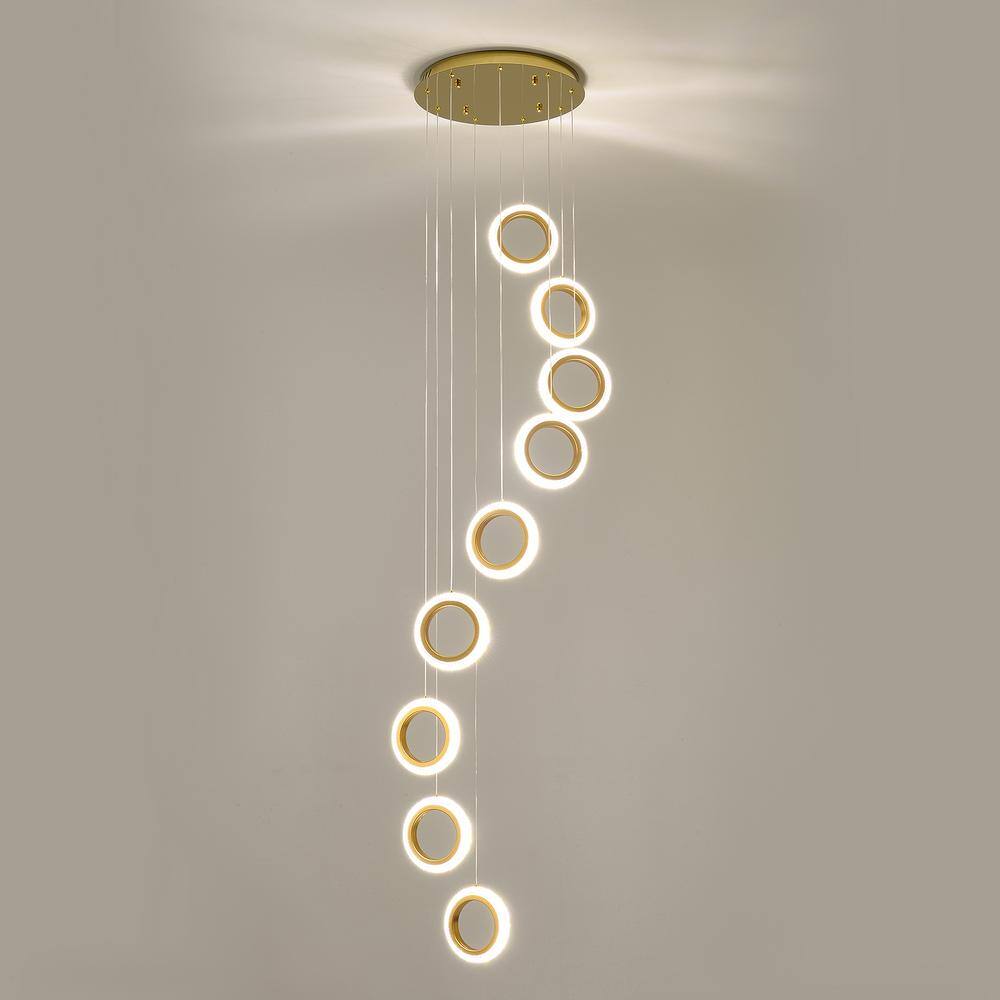 Gold Acrylic and Aluminum 9-Ring Adjustable Height Chandelier