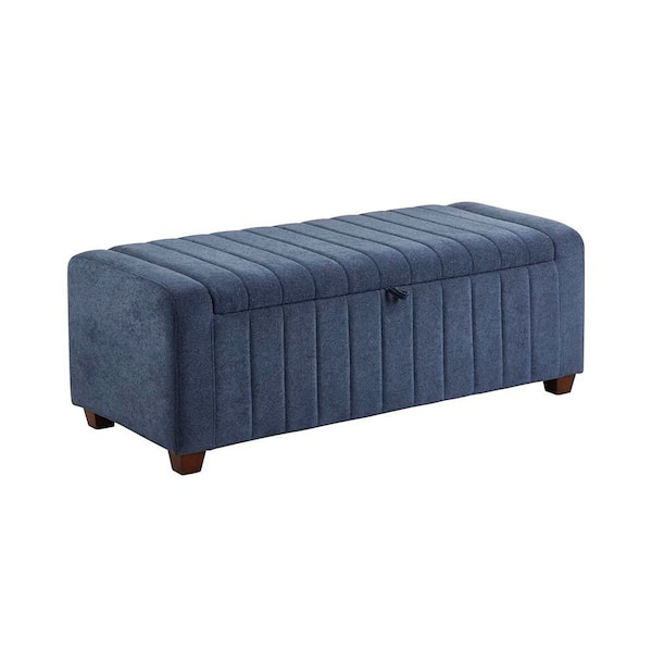 Lazzara Kelsey Blue Boucle Fabric Solid Wood Brown Finish Lift Top Storage Bench 50 in.