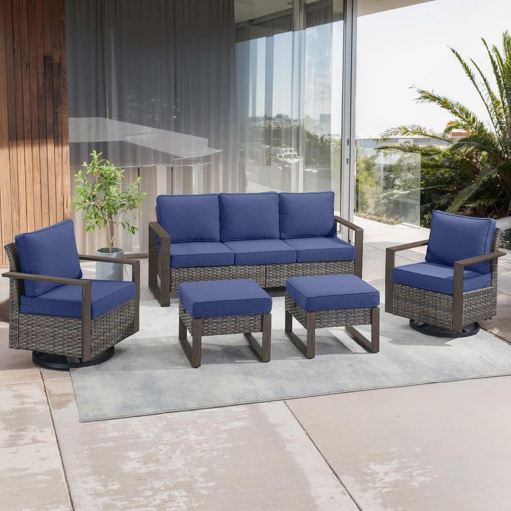 MetalWood 5-Piece Gray Wicker Patio Conversation Set with Swivel Gliders and 4.5 in. Olefin Navy Blue Cushions price history on PriceWatchPro
