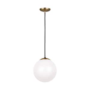 Leo Hanging Globe 10 in. 1-Light Satin Brass Pendant with Smooth White Glass Shade