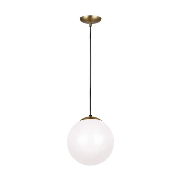 Leo Hanging Globe 10 in. 1-Light Satin Brass Pendant with Smooth White Glass Shade