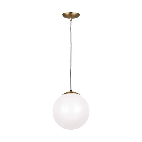 Generation Lighting Leo Hanging Globe 10 in. 1-Light Satin Brass Pendant with Smooth White Glass with LED Bulb