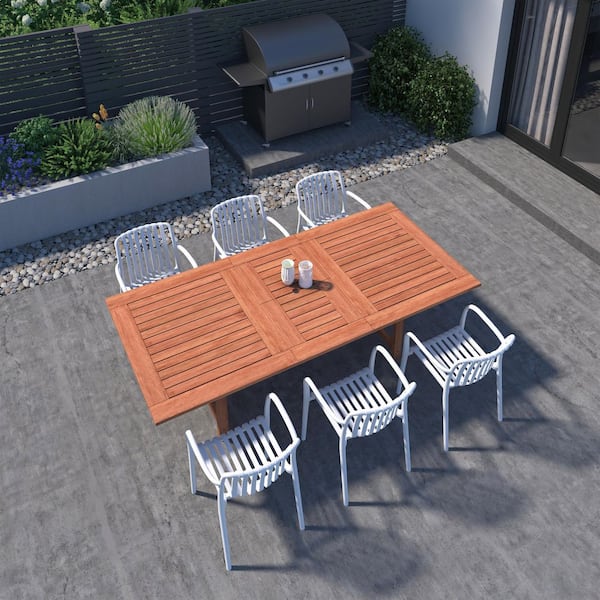 Havelock 7-Piece Dark Teak Finish Wood 100% FSC Rectangular Patio Dining Set White