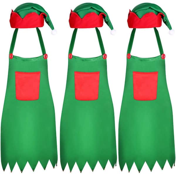6-Piece 21 in. x 29 in. Christmas Apron and Hat Set, Red and Green Kitchen Apron with Holiday Decor for Christmas Party