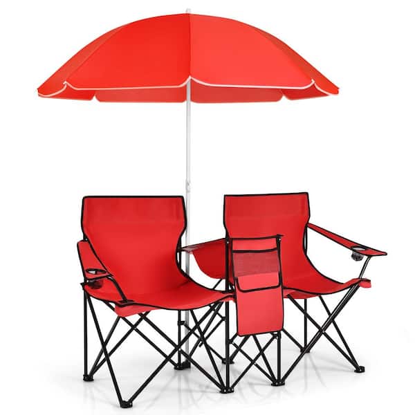 SUNRINX Red Portable Folding Picnic Double Chair with Umbrella for