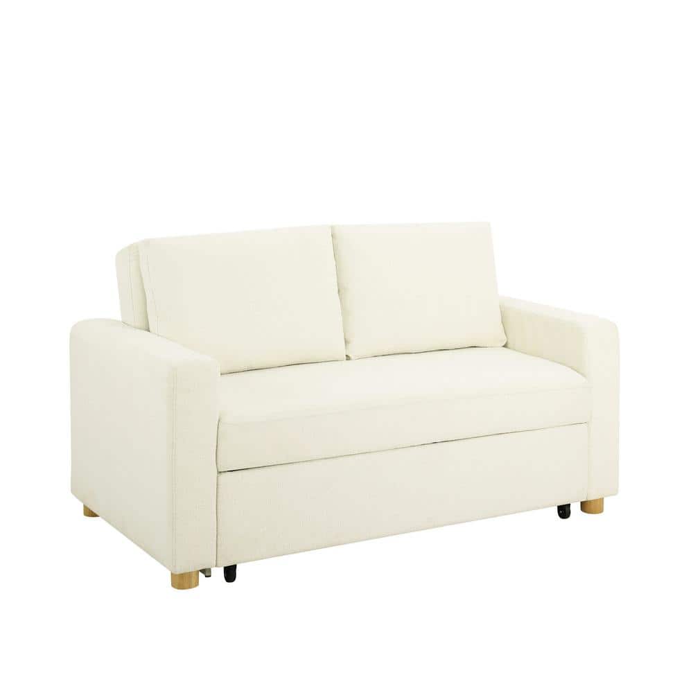 Ivory Boucle Full Size Convertible Sleeper Sofa with Wood Legs