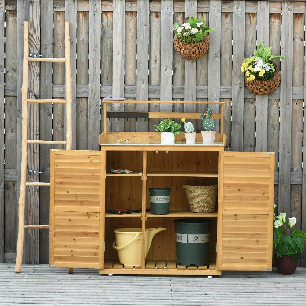 Natural Fir Wood Garden Potting Bench with Hooks and Shelves