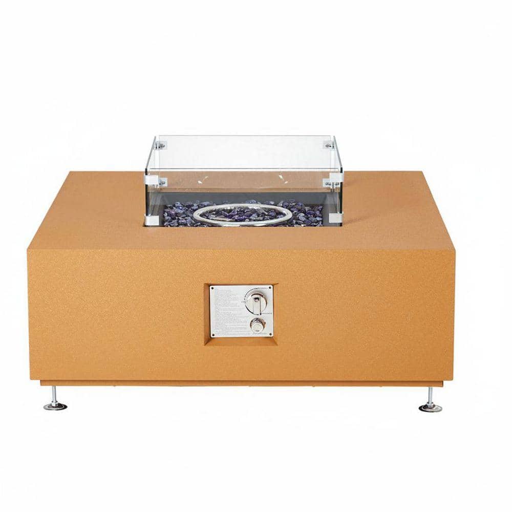 36 in. 50000 BTU Yellow Outdoor Square Propane Fire Pit Table with Glass Wind Guard, Glass Beads and Rain Cover