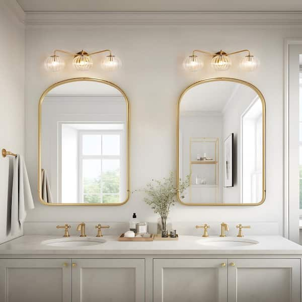 Modern 23.6 in. 3-Light Plated Brass Vanity Light with Pumpkin Clear Glass Shades for Bathroom Vanity and Makeup Mirror