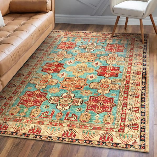 Ottoman Turquoise Medallion Washable 5 ft. x 7 ft. Area Rug