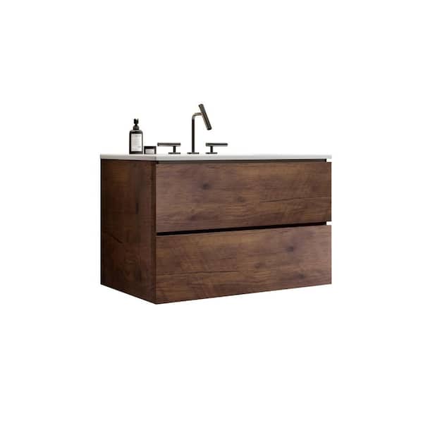 30 in. W Single Sink Floating Walnut Bath Vanity with White Ceramic Top