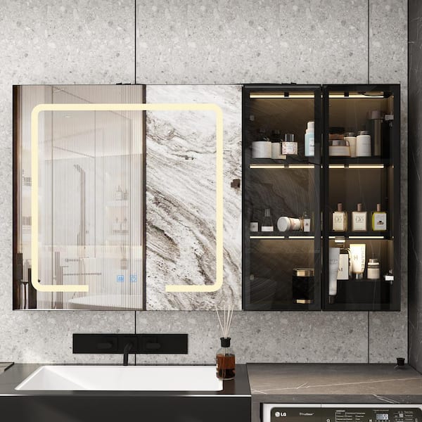 FUFU&GAGA 47.2 in. W x 27.8 in. H Rectangular Surface Mount Bathroom Medicine Cabinet with Mirror, Glass Doors, Anti-fog, Lights