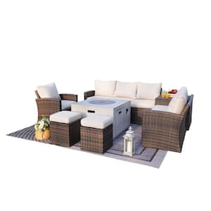 Tilia 7-Pieces Rock and Fiberglass Fire Pit Table Brown Wicker Conversation Sofa Set with Beige Cushions & a Storage Box
