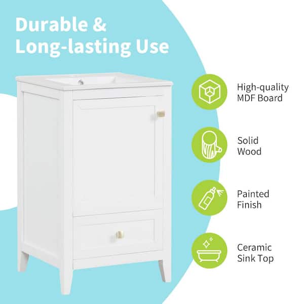 Ziyudura 20 in. Single Sink Freestanding White Bath Vanity with