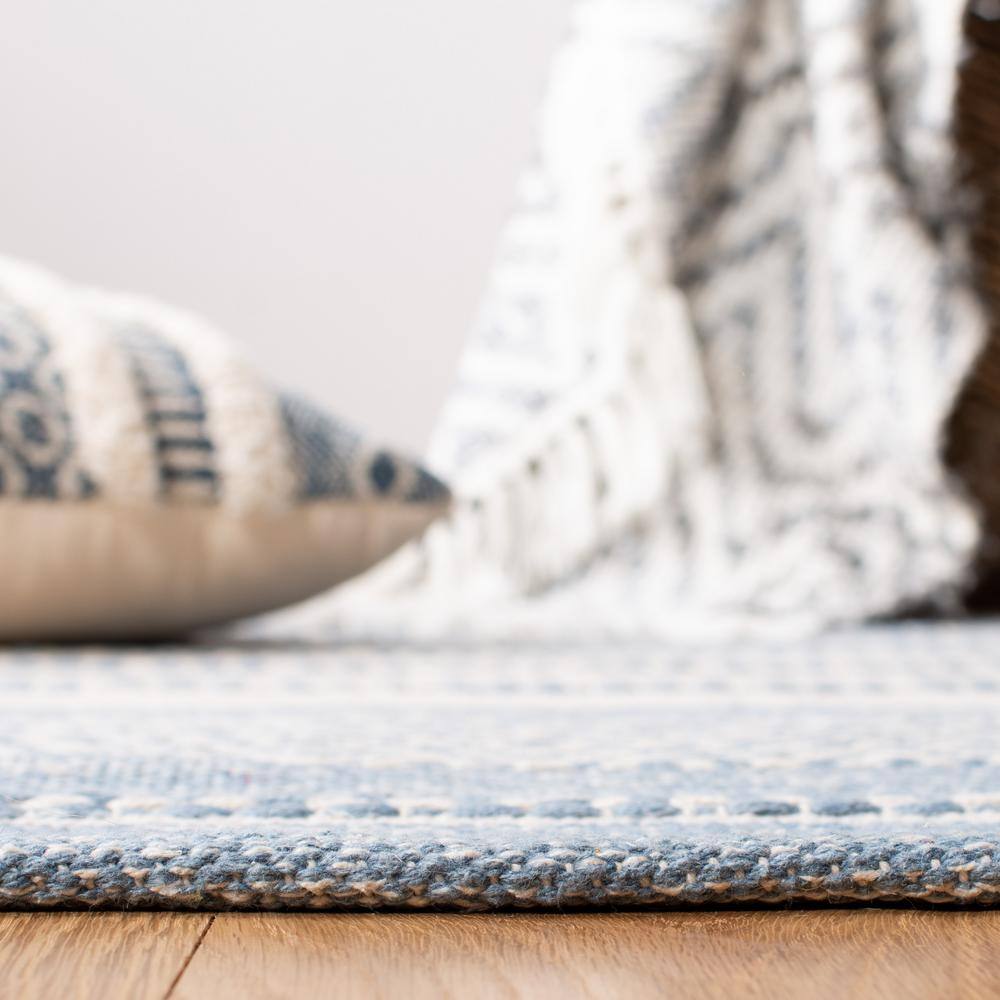 Ivory and Blue Handwoven Kilim Stripe Wool-Cotton Rug - 27in x 9in