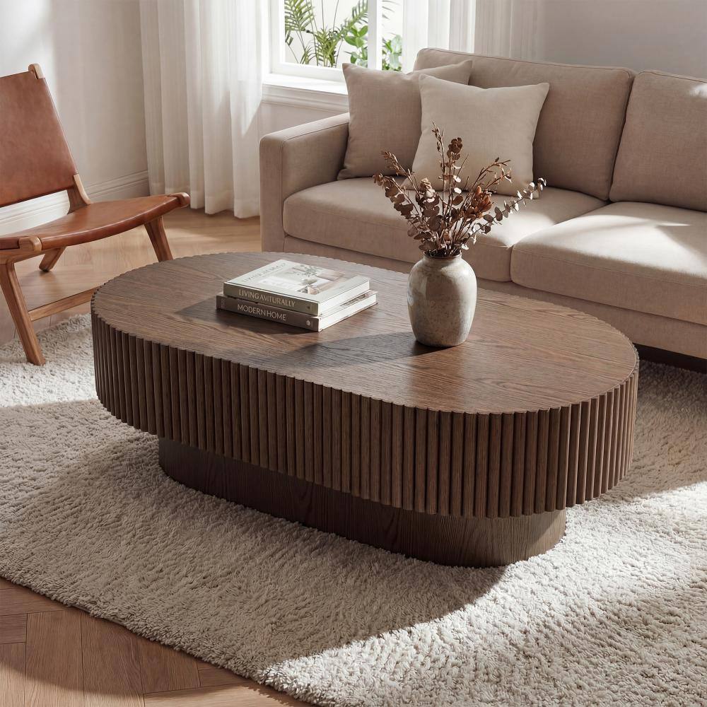 43.7 in. Modern Fluted Solid Wood Rounded Rectangle Coffee Table