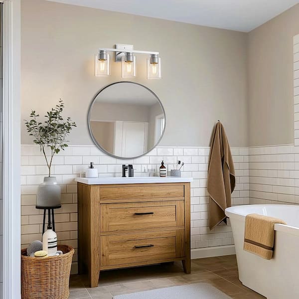 18 in. 3-Light Brushed Nickel Vanity Light with Cylinder Clear Glass Shades for Vanity, Powder Room or Dressing Room