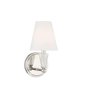 5.5 in. W x 11.5 in. H 1-Light Polished Nickel Wall Sconce with White Fabric Shade and Faceted Crystals