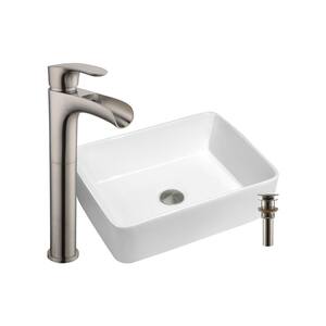 18-3/4 in. x 14-1/2 in. White Rectangular Bathroom Ceramic Vessel Sink with Waterfall Faucet in Brushed Nickel and Drain