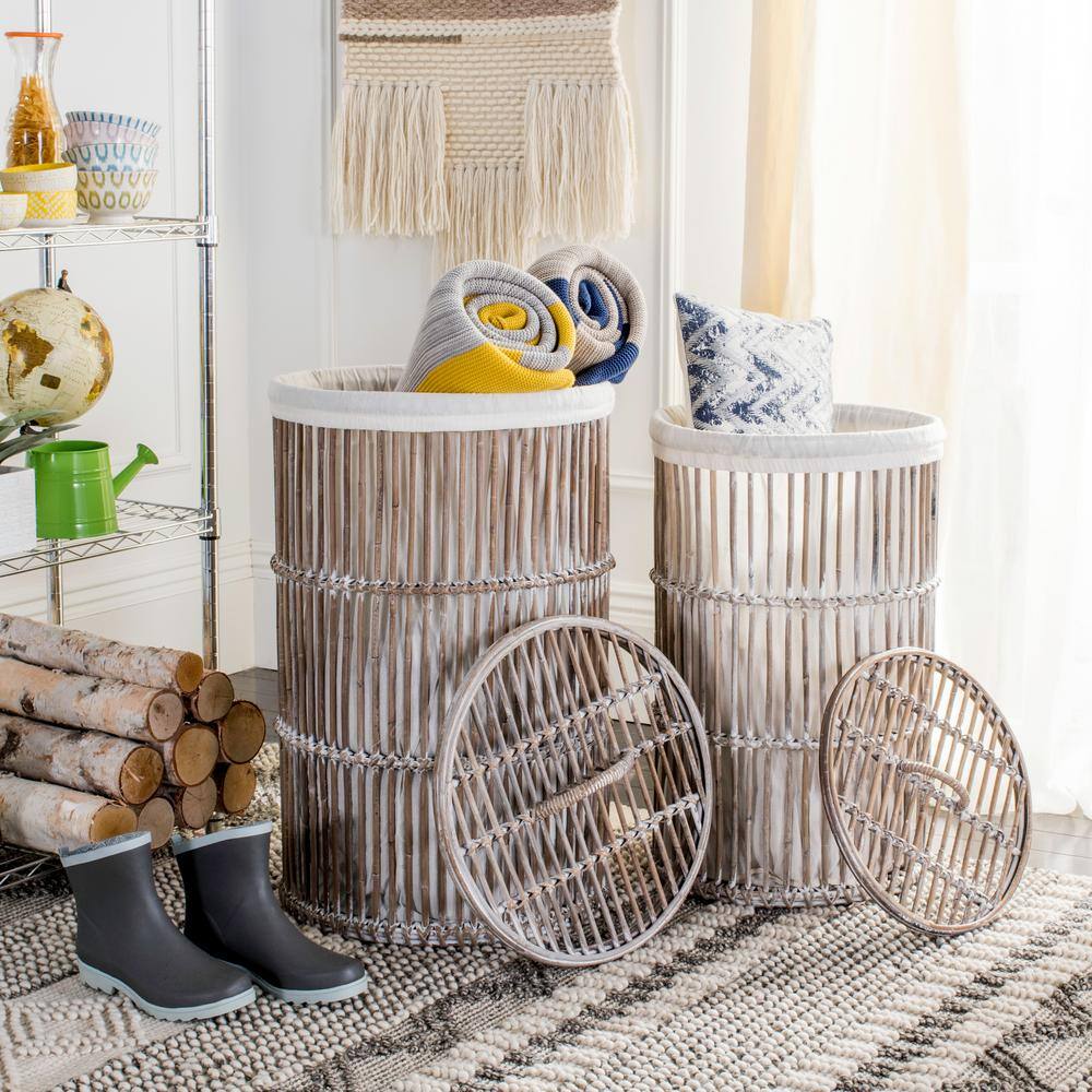 White Wash Rattan Cylinder Laundry Hampers with Removable Lids