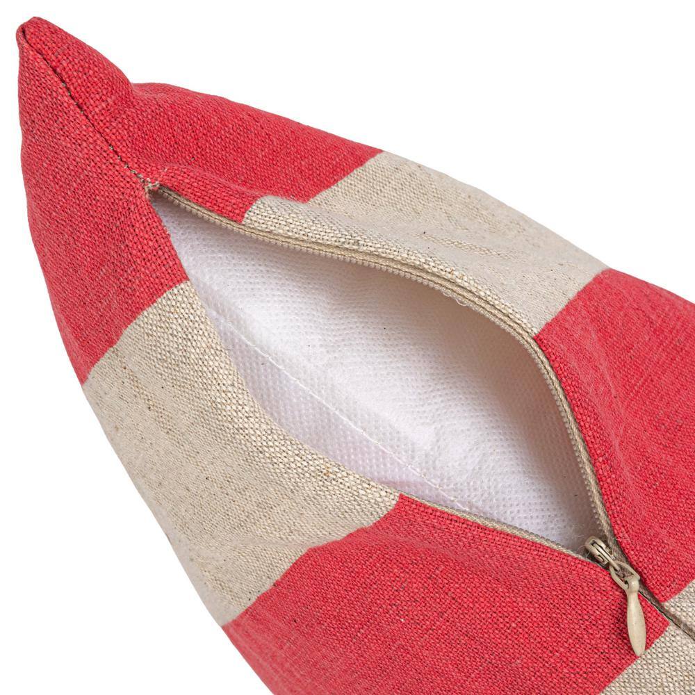 Red and Natural Striped Cotton Linen Square Pillow