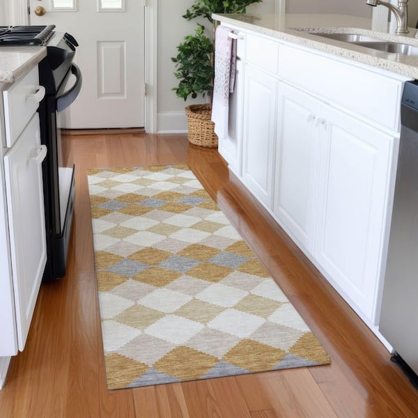 Mayfield Premium Machine Washable Abstract AMF1007 Gold 2 ft. 3 in. x 7 ft. 6 in. Runner Rug