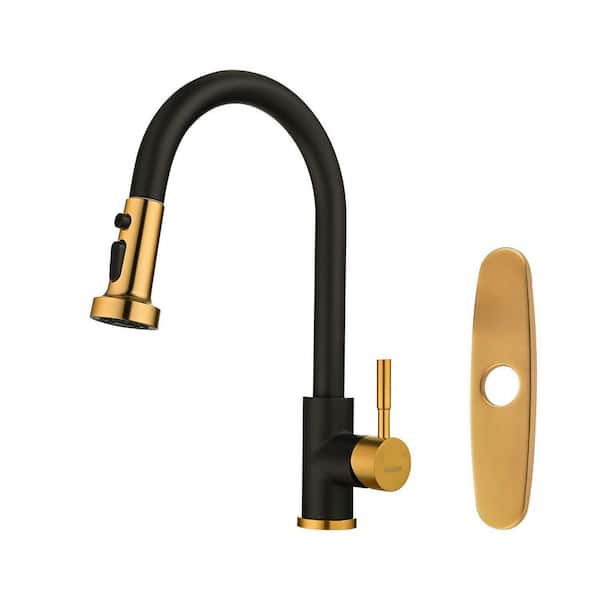 3-Mode Single Handle Pull Down Sprayer Kitchen Faucet with Deckplate in Gold and Black