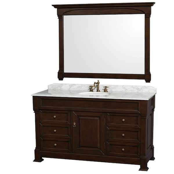 Wyndham Collection Andover 60 in. Single Vanity in Dark Cherry with Marble Vanity Top in Carrara White with Porcelain Sink and Mirror
