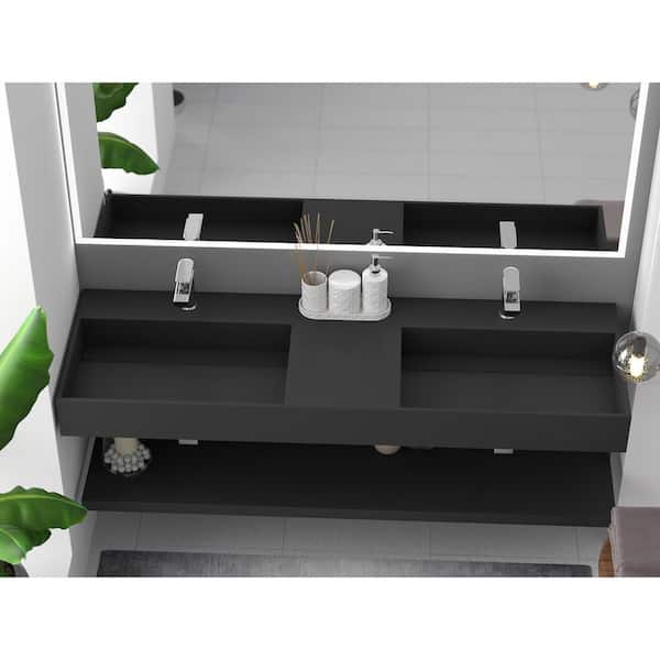 Juniper 60 in. Wall Mount Solid Surface Double-Basin Rectangle Bathroom Sink in Matte Black