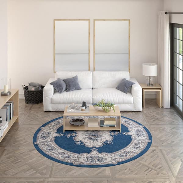 Hampton Oriental Navy 8 ft. Round Indoor Area Rug