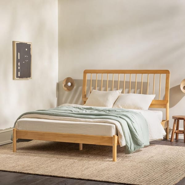 Walker Edison Furniture Company Mid-Century Modern Beige Solid Wood Frame Queen Platform Bed