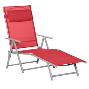 Silver Metal Outdoor Chaise Lounge Chair with Red Cushions, Folding Portable Recliner with Adjustable Backrest