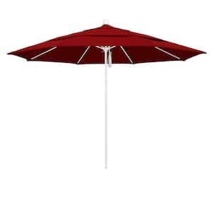 11 ft. White Aluminum Commercial Market Patio Umbrella with Fiberglass Ribs and Pulley Lift in Jockey Red Sunbrella