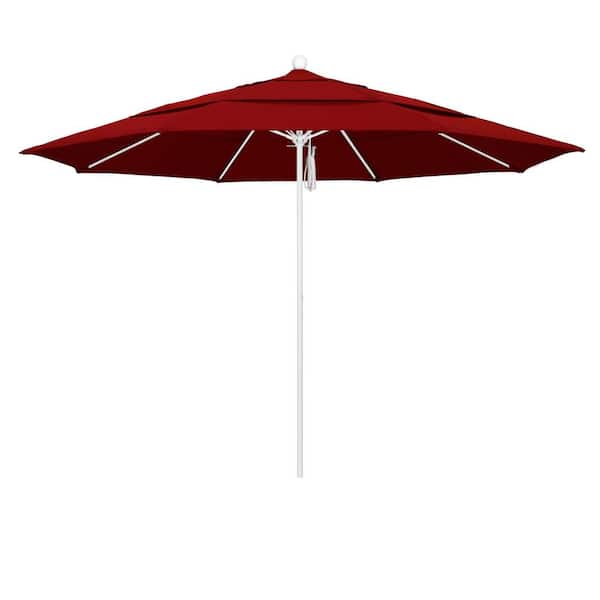 California Umbrella 11 ft. White Aluminum Commercial Market Patio Umbrella with Fiberglass Ribs and Pulley Lift in Jockey Red Sunbrella