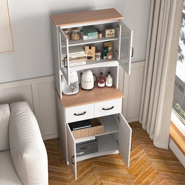 White Wood 23.62 in. Kitchen Island with Drawer and Glass Doors, Modern Kitchen Cabinet Pantry Cabinet