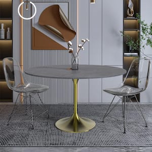 Verve Mid-Century Modern 48 in. Round Dining Table with Stone Top and Brushed Gold Pedestal Base (Grey)