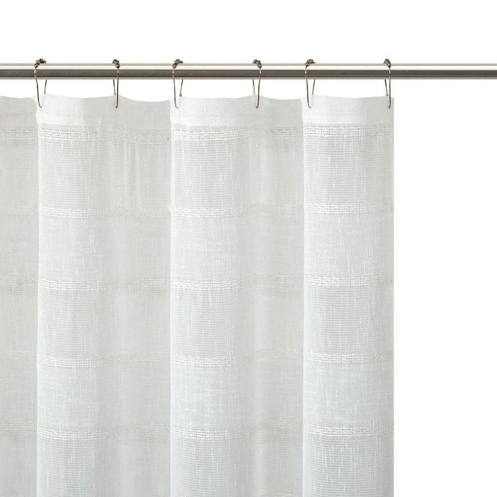 White Faux Linen Striped Fabric Shower Curtain with Liner