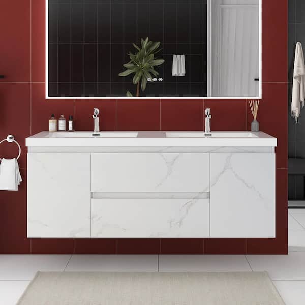 60 in. Double Sink Wall-Mounted Cararra Bathroom Vanity with White Resin Top