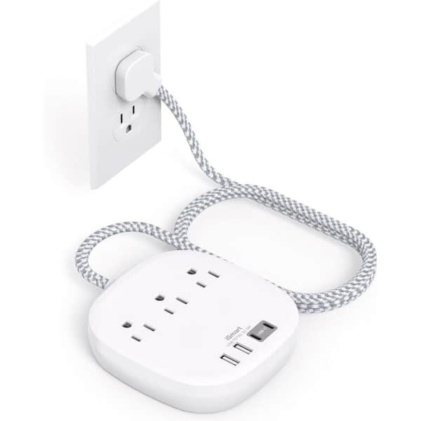 3 Outlet Power Strip Flat Extension Cord with 4 USB Ports and 5 ft. Flat Plug in White