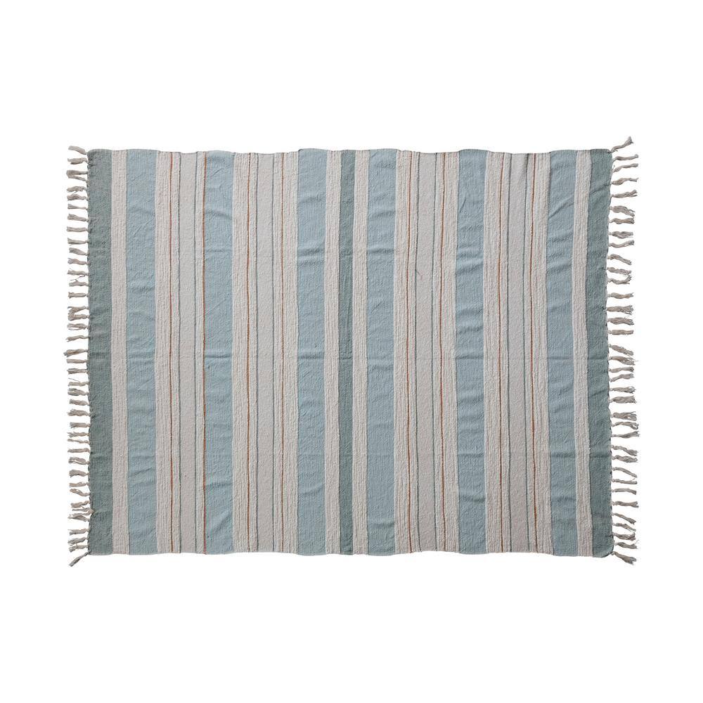 Blue and Cream Striped Cotton Throw with Fringe