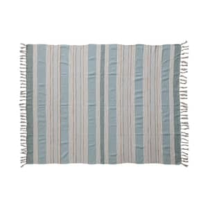 Blue, Tan and Cream Striped Woven Cotton and Linen Throw Blanket with Fringe